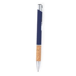 A metal pen with a navy body and cork accent, featuring a silver clip and details. Equipped with a branding logo.