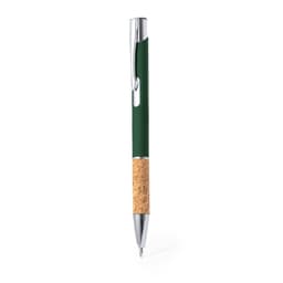 A metal pen featuring a green barrel and a cork grip, with chrome accents and a logo.