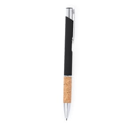 A metal pen featuring a black body and a cork grip with a shiny silver clip. It has a branding logo.