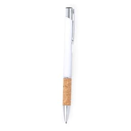 A metal pen with a white barrel and cork grip, featuring a chrome clip and accents. It has a logo on the barrel.