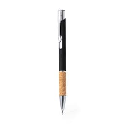A metal pen with a black body and a cork grip, featuring a shiny chrome clip and accents.