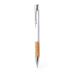 A metal pen featuring a white barrel, a cork grip, and a chrome clip. Includes branding on the pen.