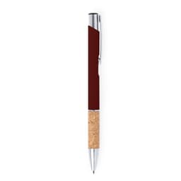 A metal pen with a burgundy body and a cork grip, featuring a silver clip and nib.