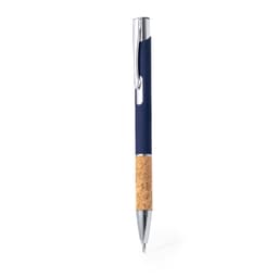 A metal pen with a dark blue body and cork grip, featuring a chrome clip and tip. It has a logo on the surface.