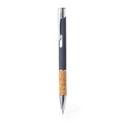 A metal pen featuring a sleek black body and a cork grip, with a shiny chrome clip at the top.