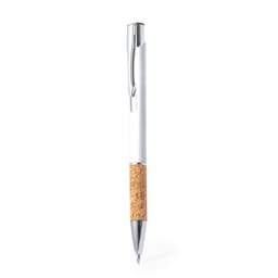 A metal pen with a white barrel and cork grip, featuring a sleek chrome clip. It has a branding logo.
