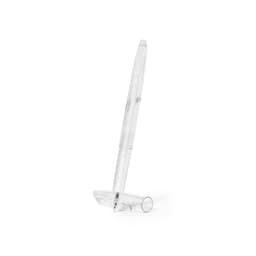 A clear pen with a white tip rests on a transparent cap, featuring a sleek design and a logo.