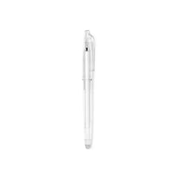 A transparent pen with a retractable design and a clip at the top. It features a smooth writing tip.