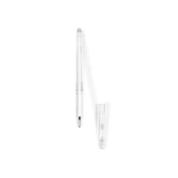 A transparent pen with a silver tip and a matching clear cap, featuring a simple design and a logo.