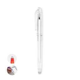 A clear pen with a white grip and a blue ink tip, featuring a retractable design and a branding logo.