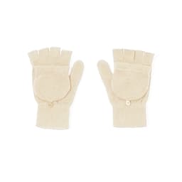 A pair of cream-coloured fingerless gloves with a button detail. The gloves have an open finger design.