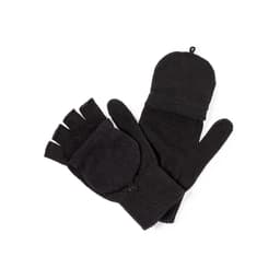A pair of black gloves featuring fingerless design with a removable mitten top and a button closure.