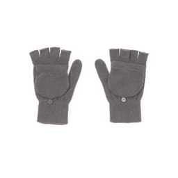 Two pairs of grey fingerless gloves with a ribbed design and buttons on the cuffs.