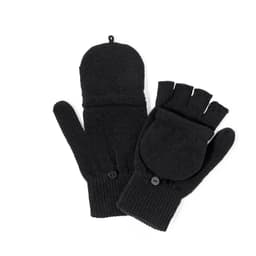 Black gloves with a convertible design, featuring a fingerless option and a button closure.