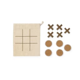 A canvas bag with a tic-tac-toe grid, six metal X's, and seven cork O's in a natural colour scheme.