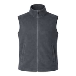 A grey fleece vest with a high collar and two side pockets, featuring a zip closure and branding.