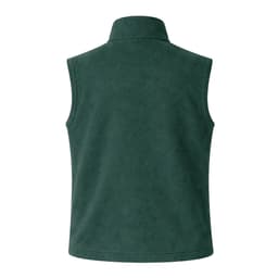 A green sleeveless fleece vest with a high collar and a plain back design. It includes a logo.