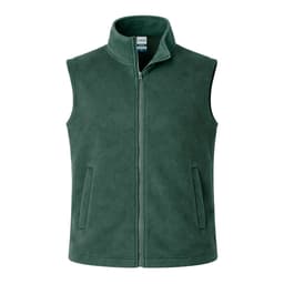 A forest green vest with a high collar, front zip closure, and two side pockets. It has a logo on the chest.