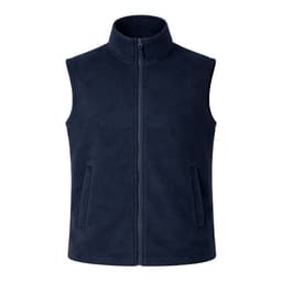 A navy blue fleece vest with a high collar and two side pockets, featuring a zip closure and a logo on the front.