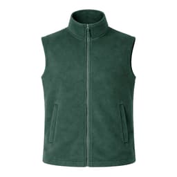 A green fleece vest featuring a high collar, front zip, and two side pockets. It has a logo on the garment.