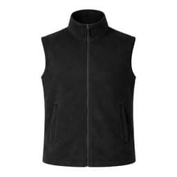 A black fleece vest with a high collar and side pockets, featuring a front zipper and a logo.