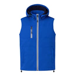 A bright blue vest jacket with a hood, featuring a zippered front and a chest pocket. It has a logo on the design.