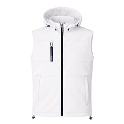 A white sleeveless jacket with a hood, featuring a front zipper and side pockets. It also has a logo.