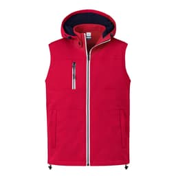 A red vest with a hood, featuring front zip and pockets, and a contrasting navy interior.