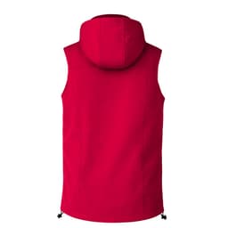 A red sleeveless vest with a hood and adjustable drawstrings at the base, featuring a logo.