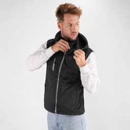 A black vest jacket with a hood, featuring a front zipper and pockets, worn by a model.