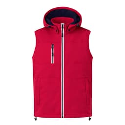 A red vest with a hood, featuring a front zip and multiple pockets. It has a contrasting navy interior and a logo.