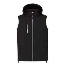 A black sleeveless jacket with a hood, featuring a zip front and pockets. Includes a logo.
