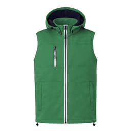 A green vest jacket with a hood, featuring a front zip and multiple pockets, including a logo.