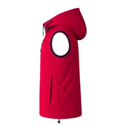 A red sleeveless jacket with a hood, featuring a front pocket and a side opening, also has a logo.