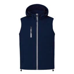 A navy vest jacket with a hood, featuring a front zip, side pockets, and a chest pocket. It has a logo on the design.