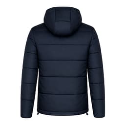 A navy rain jacket with a hood, featuring a quilted design and no visible branding.