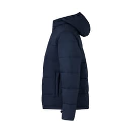 A navy blue rain jacket with a padded design and a hood, featuring a side view and a logo on the sleeve.