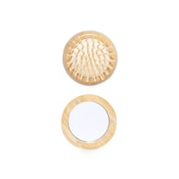A wooden hairbrush and a round mirror, both in light bamboo tones, featuring a simple design.