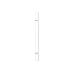 A sleek white pen with metallic accents, featuring a smooth, minimalistic design. It has a branding logo.