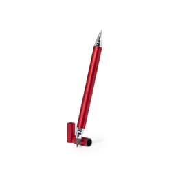 A red pen with a metallic finish and silver accents, partially capped with a matching cap beside it.