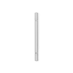 A sleek silver pen with a minimalist design, featuring a contrasting band and a branded logo.