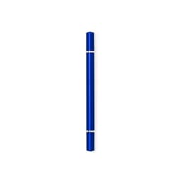 A blue pen with silver accents and a sleek design. It features a branding logo on its body.