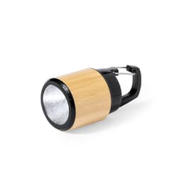 A bamboo and black torch keyring with a carabiner clip, featuring a shiny lens.