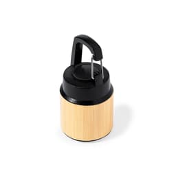 A torch with a black top and a bamboo body, featuring a handle and a metal clip for attachment.