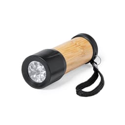 A bamboo and black torch with a wrist strap and multiple LED bulbs at the front.