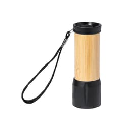A bamboo and black torch with a wrist strap, featuring a simple design and an attached lanyard.