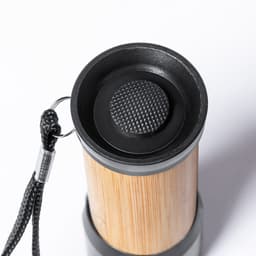A cylindrical torch featuring a bamboo body with a black base and textured push button, complete with a lanyard.