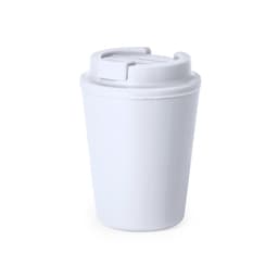 A drink bottle in white with a lid, designed for use as an insulated cup for beverages. It has a logo.