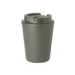A drink bottle in a sleek grey colour, featuring a lid and a simple design. It has a logo on it.