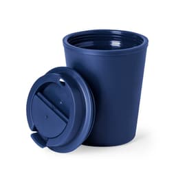 A drink cup in navy blue with a removable lid featuring a sliding opening for drinking. It has a logo on the side.